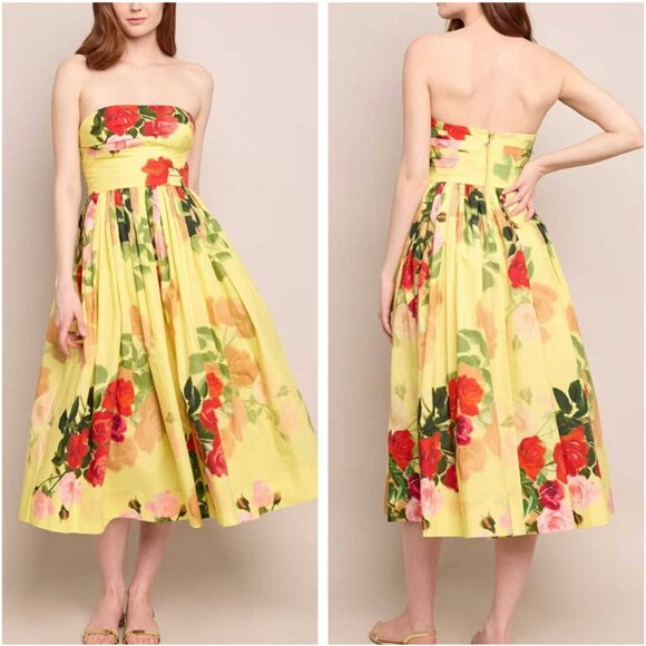 Cara Cara Dresses & Skirts - Cara Cara Daria Midi Dress - Le Rose Yellow Red Floral Strapless Cocktail Weddin